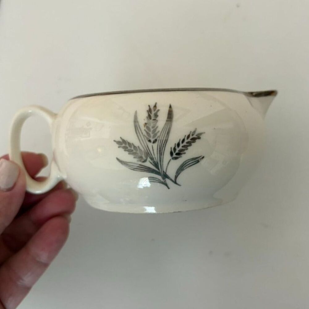 vtg MCM cream colored creamer with silver metallic wheat pattern and trim